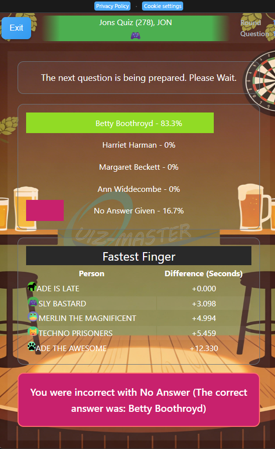 Player phone interface for answering quiz questions