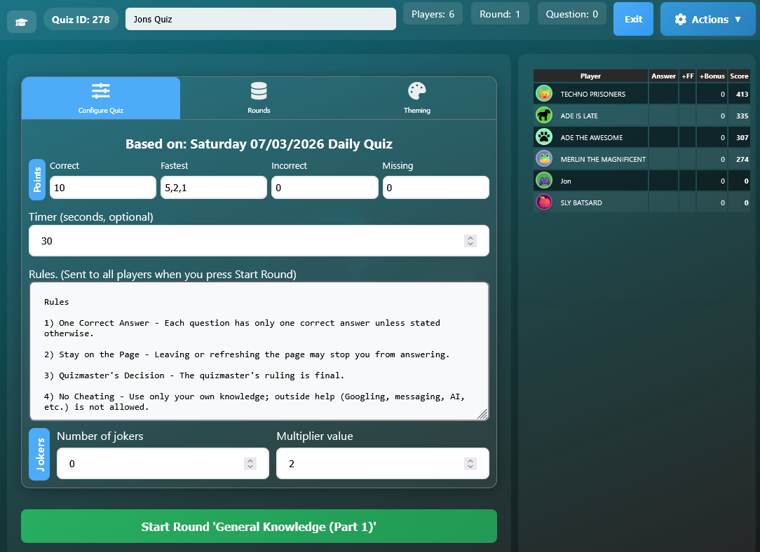 Host quiz front end showing controls to run a live quiz