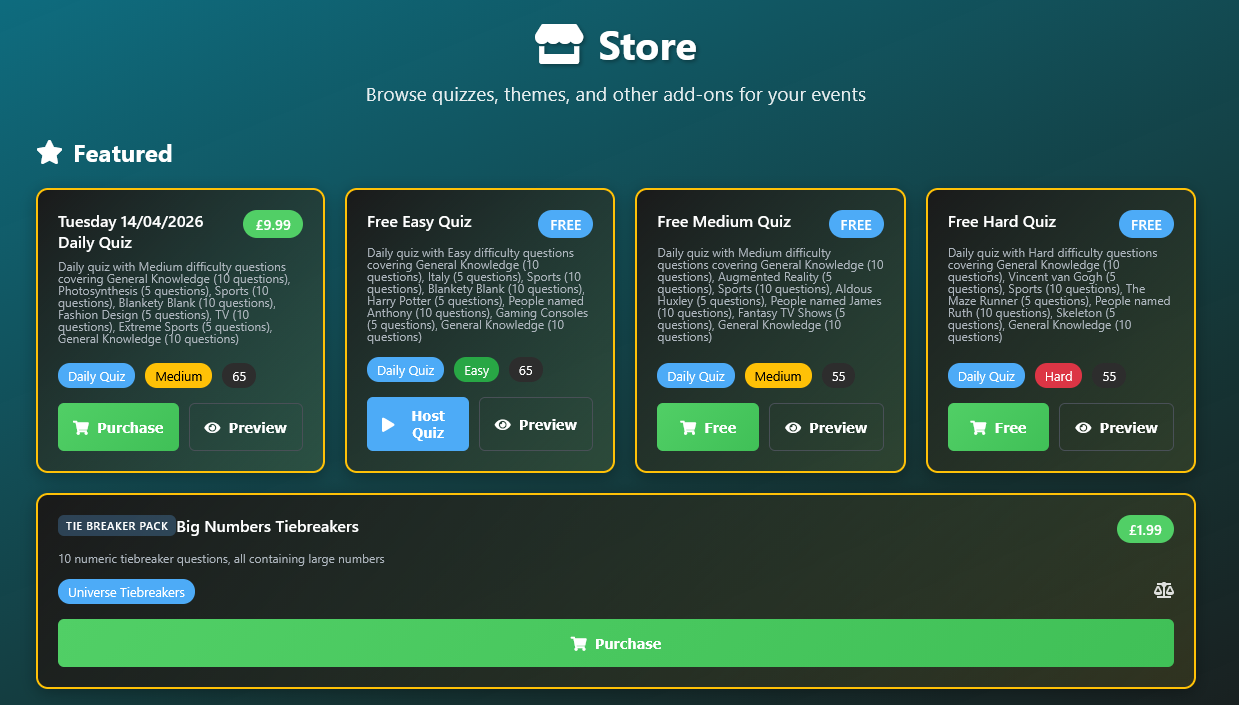 Quiz Master store screen showing available quizzes